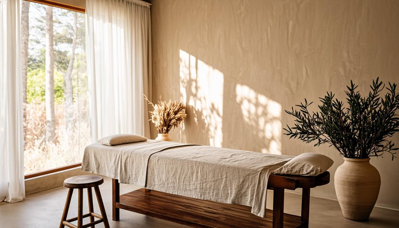 Interior del estudio de quiromasaje en Valencia: camilla de madera con lino natural, luz de tarde y pared encalada