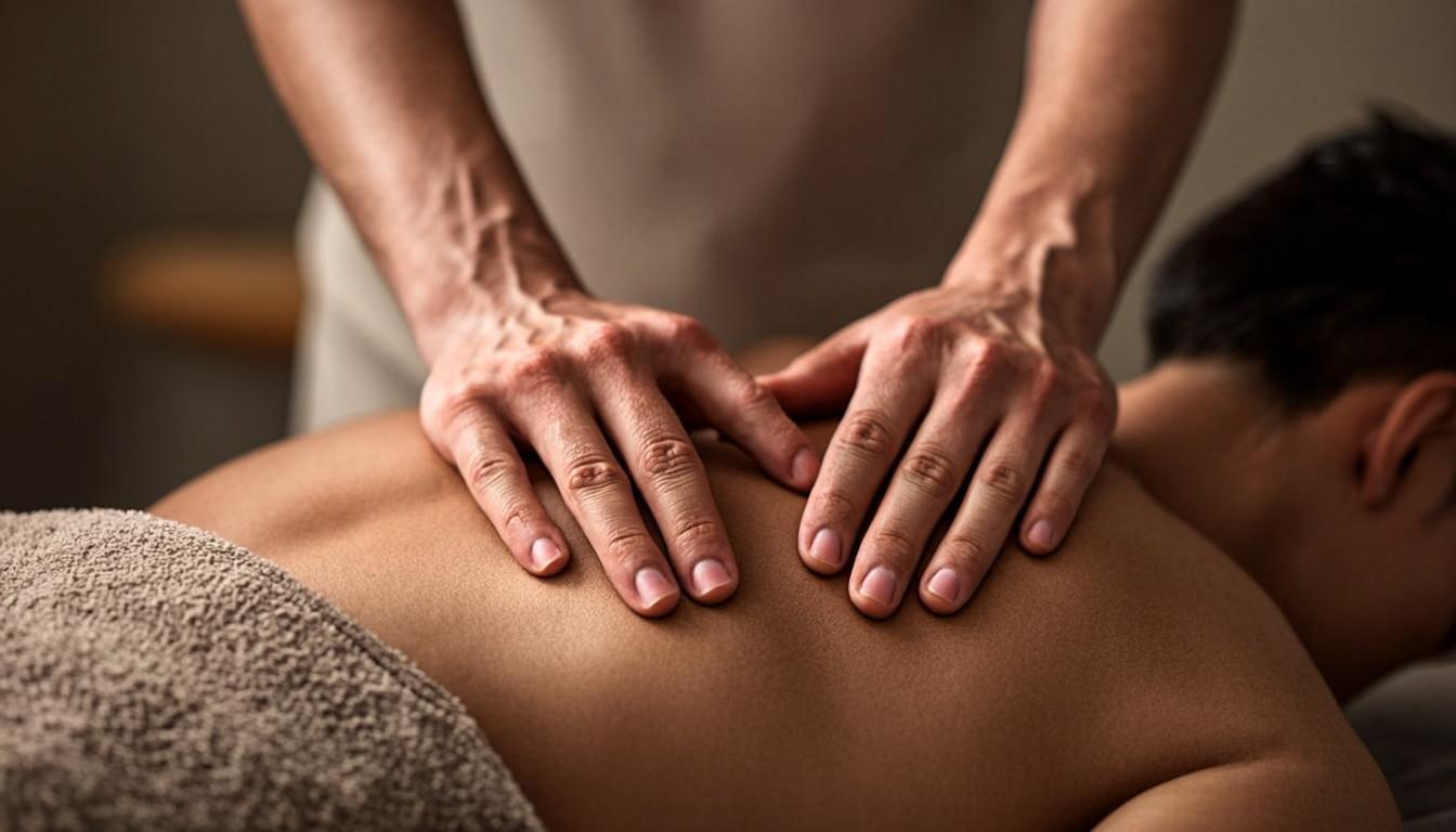 Manos de quiromasajista aplicando presión precisa con los pulgares sobre la musculatura de la espalda