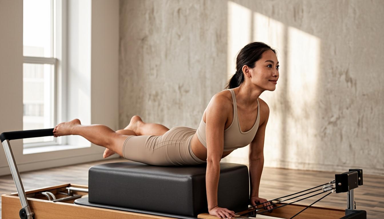 Sesión individual de Pilates en reformer de madera dentro de un estudio cálido y luminoso