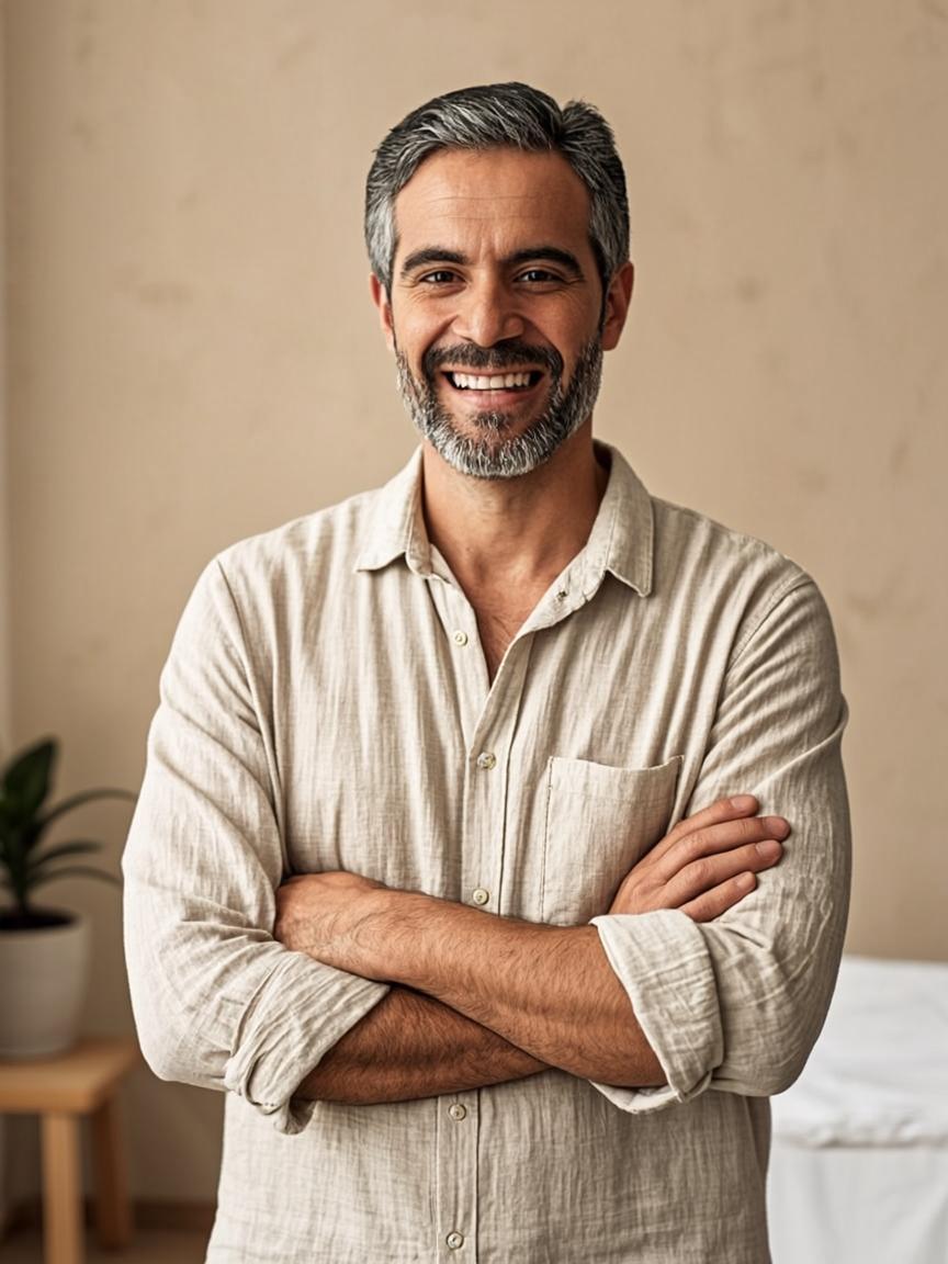 Retrato editorial de Adrián Soler, quiromasajista y fundador del estudio, con camisa de lino