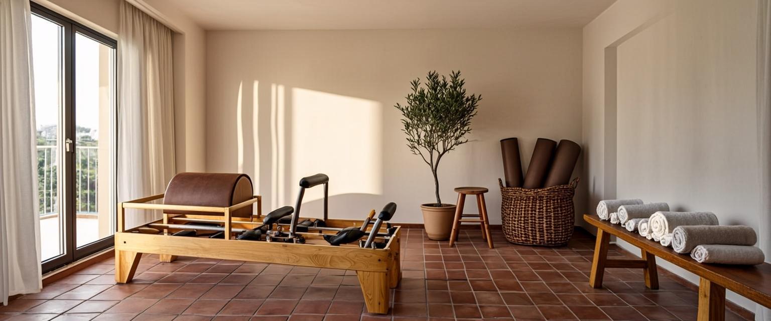 Vista panorámica del estudio: reformer de madera junto a la ventana, olivo en maceta, esterillas enrolladas y banco con toallas